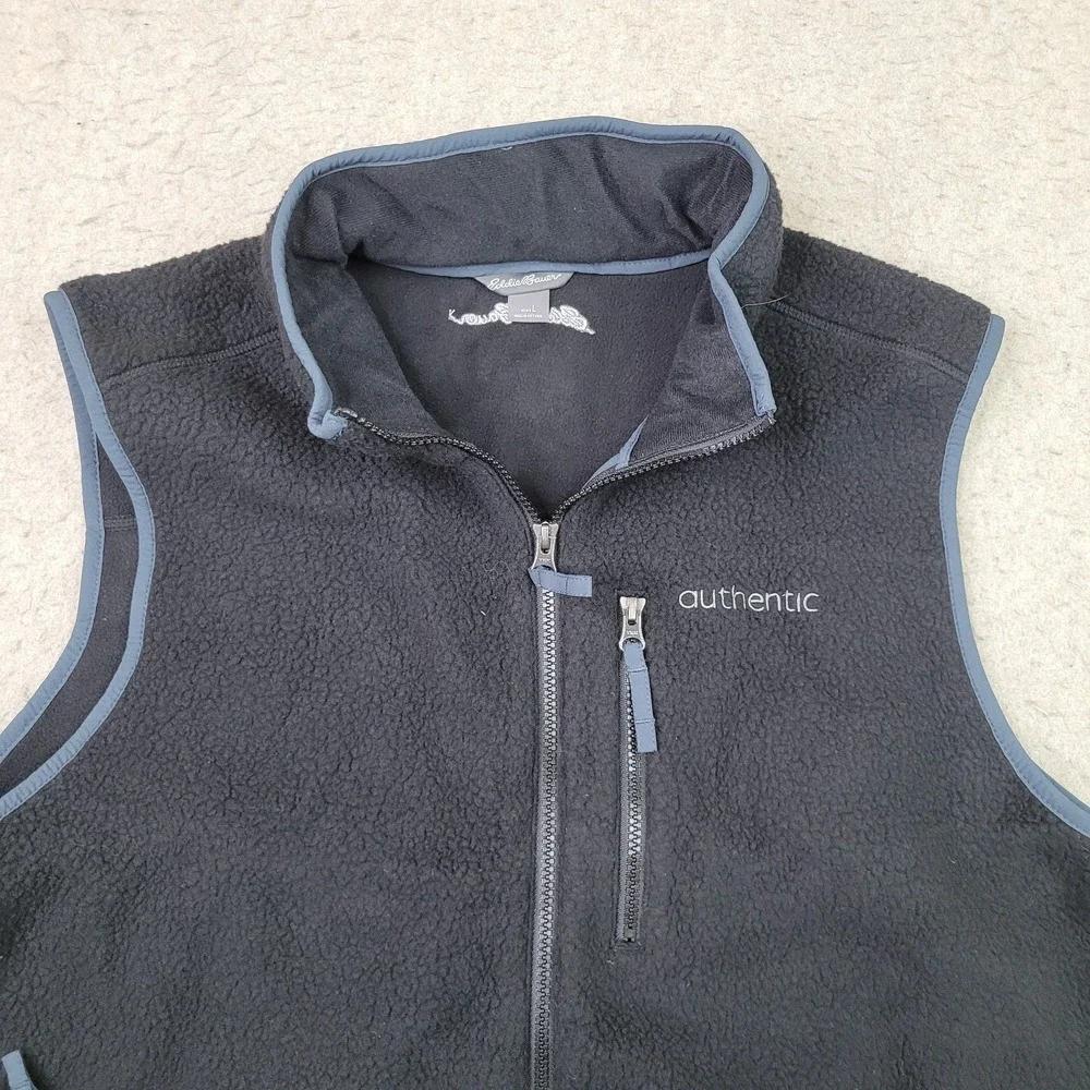 Eddie Bauer Men's L Large Sleeveless Full Zip Up Outdoor‎ Fleece Vest Black Logo